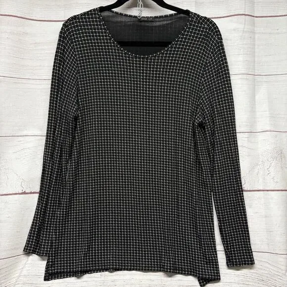 J Jill Wearever Black Grid Print Top Tunic Blouse Shirt Size L - Picture 1 of 10